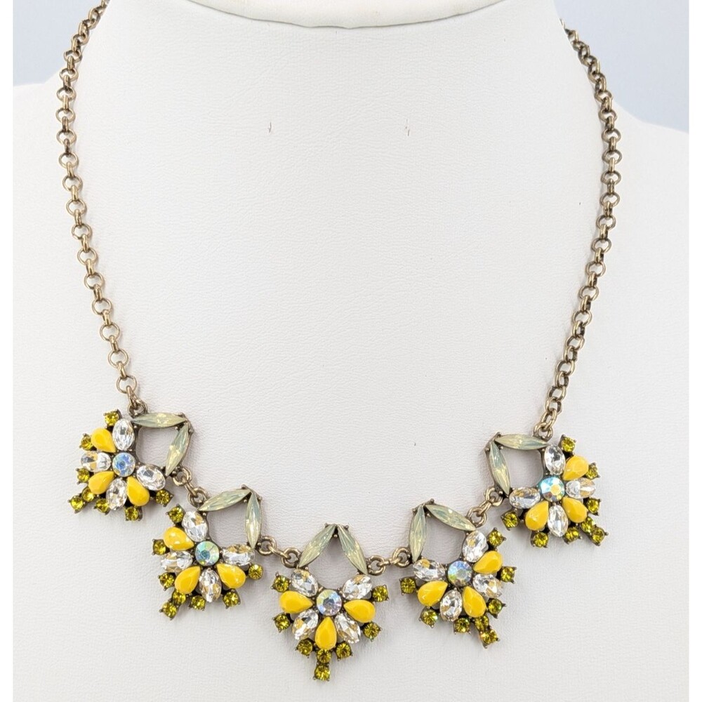 LOFT Statement Necklace Yellow Green Rhinestone Floral Gold Tone Resin 19 Inch